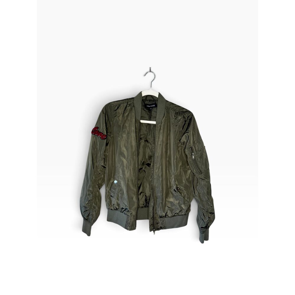New Look Women's M Khaki Green Dream Love Patch Bomber Jacket Varsity Y2K Style